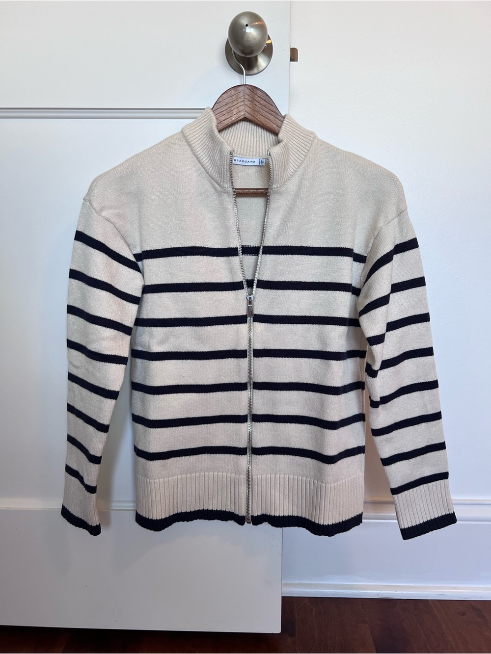 Staccato Cream Zip-Front Cardigan with Navy Stripes